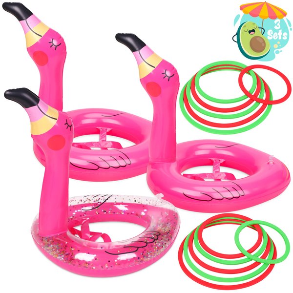 3 PCS Flamingo Inflatable Ring Toss Game - Pool Party Toys Supplies Luau Decorations