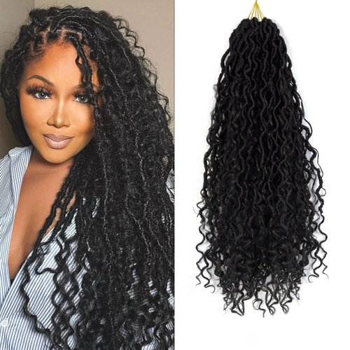 Qingchuang Goddess Locs Crochet Hair for Women, 18 inch Preloopd River Locs with Curly Ends, Black Faux Locs Crochet Hair Soft Braid Boho Hair Extensions 18 inch 96 Strands （1B）
