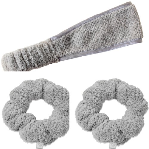 VOLO Luna Gray Spa Headband & Wristbands for Washing Face | Makeup Headband Holds Hair Back & Wrist Band Scrunchies Stops Face Wash & Water from Spilling Down Arms | Facial Care Bundle | Microfiber