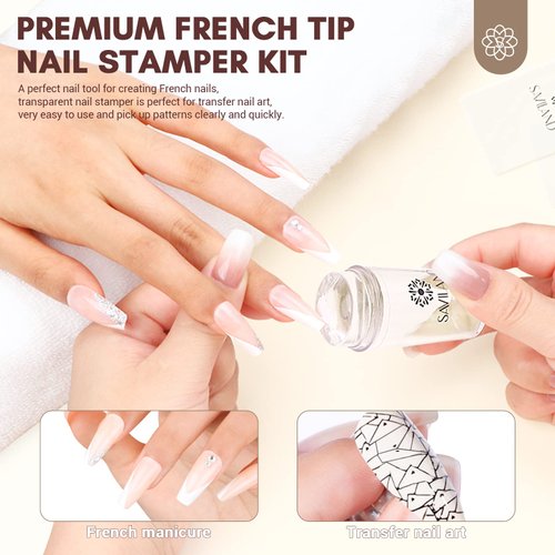 Saviland French Tip Stamp: 14PCS French Tip Nail Tool with Replaceable Stamper Head, Clear Silicone Nail Stamper kit French Nail Stamper with Scrapers for French Manicure Tool Home DIY Nail Art Salon