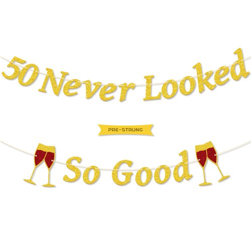 Gifloon 50 Never Looked So Good Banner, Pre-Strung 50th Birthday Banner for Women Men Fifty Years Old Party Decorations, Gold Glitter