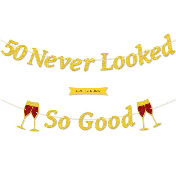 Gifloon 50 Never Looked So Good Banner, Pre-Strung 50th Birthday Banner for Women Men Fifty Years Old Party Decorations, Gold Glitter