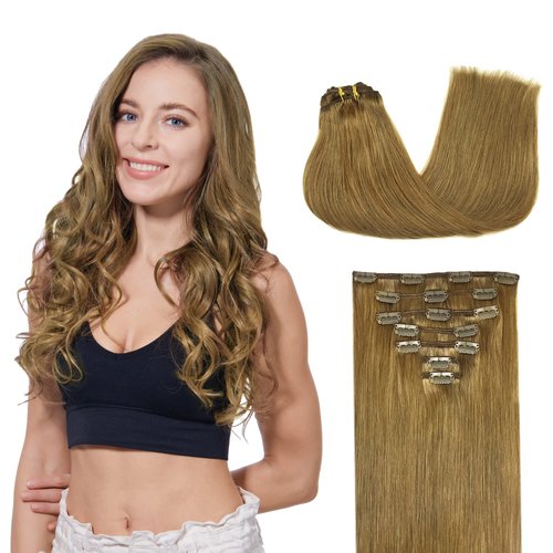 GOO GOO Clip in Hair Extensions Real Human Hair, 16inch 120g 7Pcs, 8C Ash Brown, Remy Human Hair Extensions Clip ins for Women, Natural Human Hair