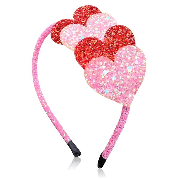 Vsdski Valentines day headband Pink and Red Glitter Heart Headband Valentines Day Party Hair Accessories for Women Girls Festive Cosplay Costume Headdress Decoration