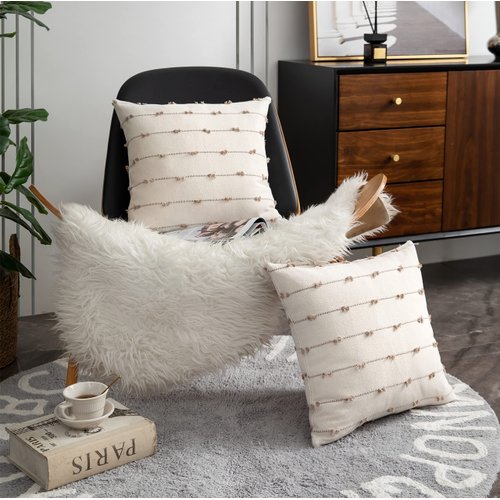 Caflife Boho Throw Pillow Covers Geometric 18x18 inches Beige and Natural Linen, Set of 2 Modern Farmhouse Decorative Pillow Covers for Couch Bed, Living Room, Home