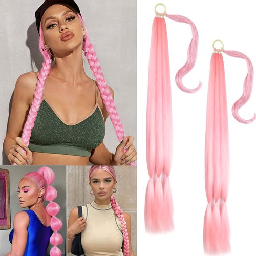 Kediciz Ponytail Extension 2PCS Super Long Braided Ponytail Extension with Elastic Hair Tie 32 Inch Straight Wrap Around Hair Extensions DIY Braid Ponytail Natural Soft Synthetic Hair Piece Pink