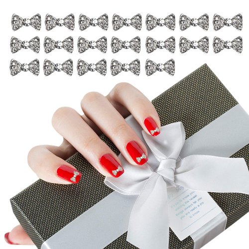AUEAR, Charming 3D Nail Art Charms Bow Tie Rhinestones Crystal Pendant Decals DIY Decoration for Women Girls Nail Art Beauty Design Jewelry Craft (Silver, 40 Pack)