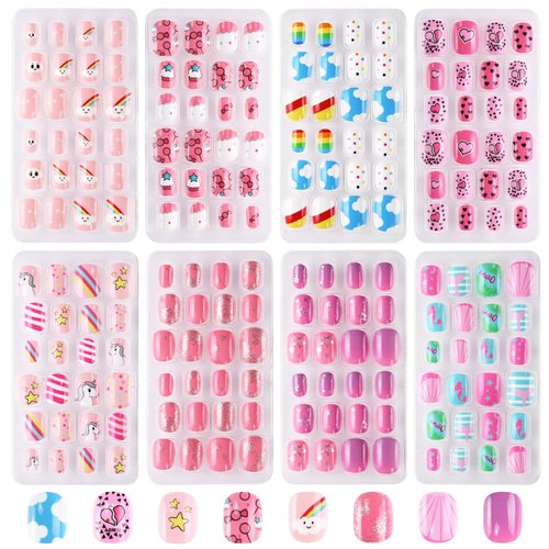 Jsiallye Press on Nails for Kids, 192PCS Kids Fake Nails for Girls Colorful Unicorn Flamingo Cloud Patterns 7-12 Years Old Press on nails for Kids Gifts