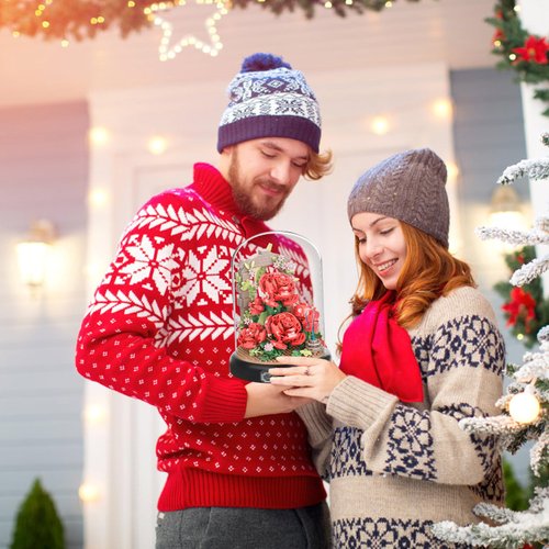 Plintone Blooming Red Roses Building Set for Adults, 574 PCS Botanical Collection with Dust Cover, Romantic Rose Bouquet Bonsai Blocks for Women and Girls