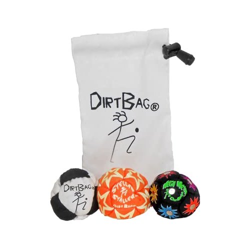 DIRTBAG All Star Footbag Hacky Sack 3 Pack with Pouch, 100% Handmade, Premium Quality, Bright Vivid Colors, Signature Carry Bag - Black/White