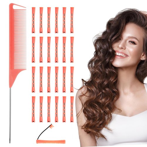 24 Pieces Plastic Hair Perm Rods and Rollers, Short Long Cold Wave Rods, Hair Curling Rollers Curlers with Steel Pintail Comb for Hairdressing Styling (0.47 Inches, Orange)