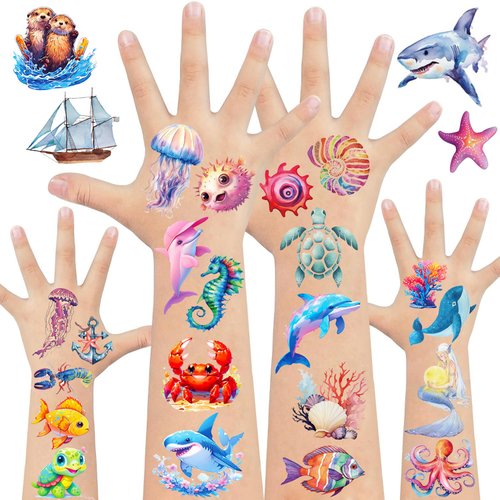 20 Sheets Ocean Animals Temporary Tattoos Stickers 270Pcs Under The Sea Life Tattoos Birthday Party Favors Decorations Supplies for Goodie Bags Fillers Exchange Gifts School Prizes Game Rewards