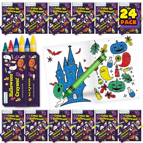ArtCreativity Bulk 24 Pack Halloween Mini Coloring Book Kit, Each Set Includes 1 Small Coloring Booklet & 4 Crayons, Great Halloween Party Favors, Halloween Gifts for Kids & Non-Candy Halloween Treats