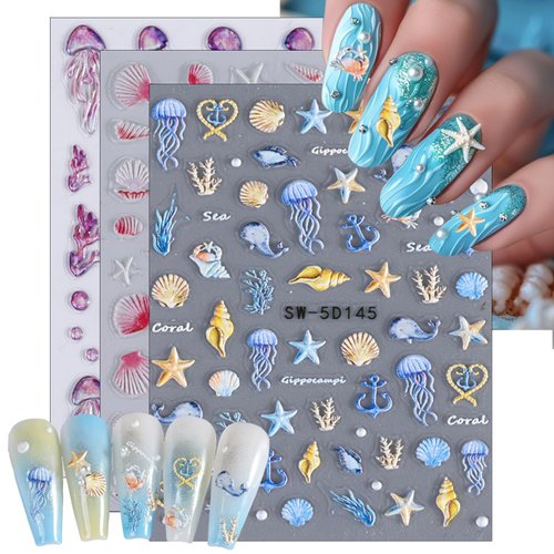 3Sheets Starfish Seashell Nail Art Stickers 5D Embossed Self-Adhesive Summer Nail Design Decals Ocean Theme Nail Adhesive Stickers Nail Art Supplies for Women Acrylic Nails DIY Nail Decoration