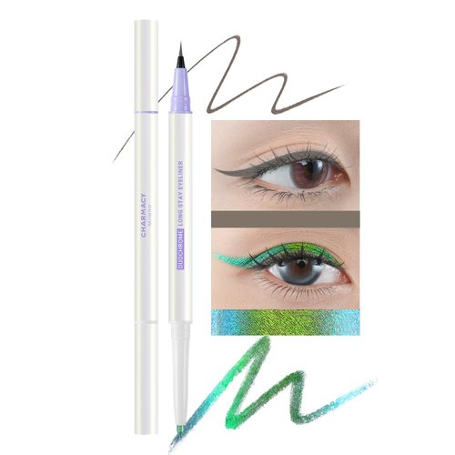 CHARMACY 2 in 1 Duochrome Gel Eyeliner, Chameleon Metallic Eyeliner, Indigo Green Gel Glitter Eyeliner, Brown Liquid eyeliner, Waterproof, Smudge Proof, Long Lasting Eyeliner (DE04)