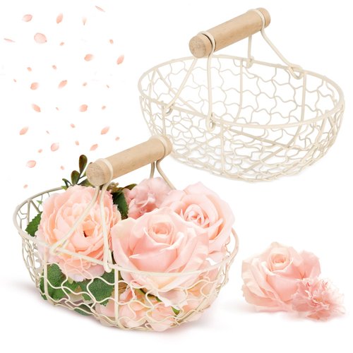2 Pcs Rustic Flower Girl Wedding Baskets Metal Basket with Wooden Handle Vintage Flower Basket for Weddings and Home Decorations