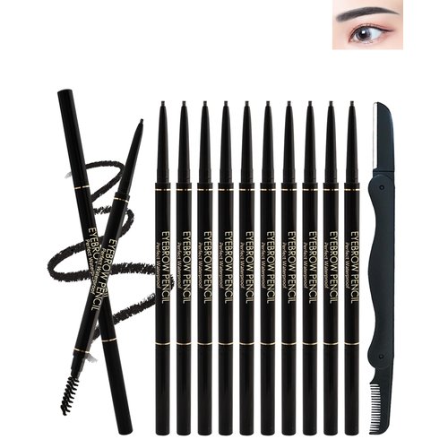 12Pcs Waterproof Black Eyebrow Pencil Set, Professional Brow Micro Eyebrow Retractable Pencil, Ultra Fine Long Lasting for Perfect Eye Liner Brows Women Eye Makeup Shaping & Filling Brow Gel Pen- 01