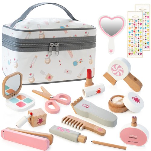 Amtreen Kids Makeup Kit for Girl, Pretend Play for Toddlers 3-5 Wooden Makeup Toy Set, 18 PCS Hair Salon Toys Gifts for 3 4 5 Year Old