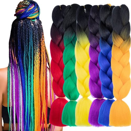 LILYKA SHOW 6 Packs 24 Inch Braiding Hair Extensions for Women Kanekalon Braiding Hair Ombre Jumbo Braiding Hair Extensions High Temperature Synthetic Braiding Hair for Twist Crochet Braids (24 Inch (Pack of 6), Black to red+Black to orange+Black to yello