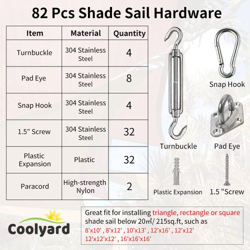 Coolyard 82 Pcs Sun Sail Shade Hardware Kit,Shade Sail Installation Kit 6 inch with Paracord Ropes for Triangle Rectangle Square Sun Shade Sails