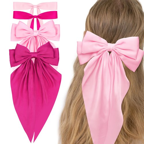 WHAVEL 4PCS Pink Hair Bows (Pink, Hot pink) Silky Satin Bow Clips for Women and Girls, Cute Hair Clips for Daily, Various Hairstyles