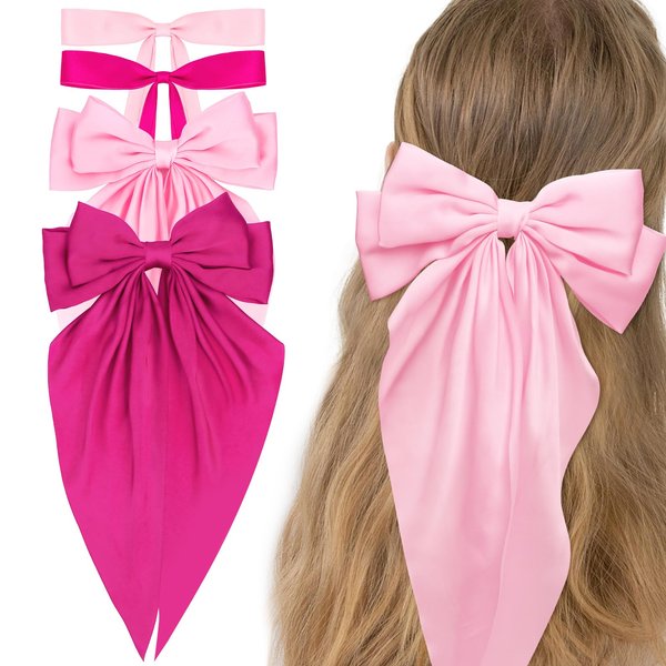 WHAVEL 4PCS Pink Hair Bows (Pink, Hot pink) Silky Satin Bow Clips for Women and Girls, Cute Hair Clips for Daily, Various Hairstyles