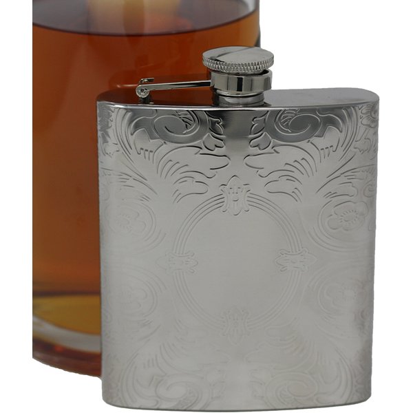 8 oz Pocket Hip Alcohol Liquor Flask in Etched Vintage Victorian Scroll Print - Made from 304 (18/8) Food Grade Stainless Steel