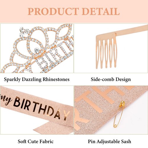 CAVETEE Birthday Crowns for Women Its My Birthday Sash and Crown for Women Birthday Crown Adult Woman Set Birthday Decorations for Party Birthday Gifts (Rose Gold)