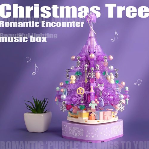 YILETKC Purple Crystal Christmas Tree Building Block Set, 729 PCS Christmas Music Box Bricks Model Kit, Construction Toy for Adults Girls