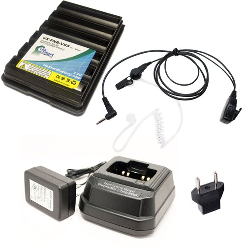 Yaesu/Vertex FNB-V83 Two-Way Radio Battery (1400mAh, 7.4V, Li-ion) + Charger + EU Adapter + FBI Earpiece with Push to Talk (PTT) Microphone Replacement for Yaesu FT-60R, Yaesu VX-5R, Vertex VX-150