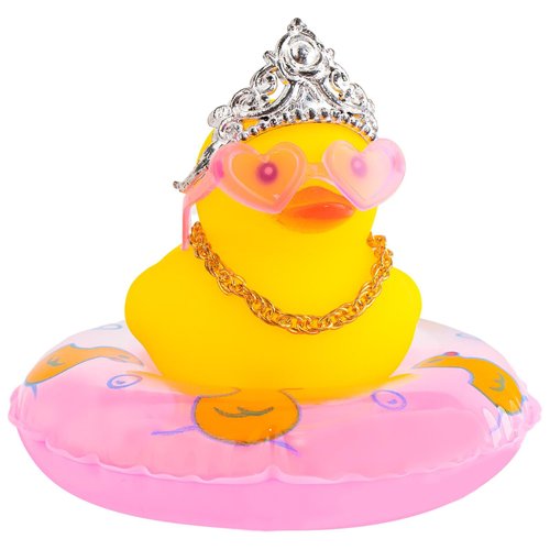 wonuu Car Duck Decoration Dashboard Ornament for Dashboard Decoration Rubber Accessories with Pearl Necklace Crown Mini Swim Ring and Sunglasses, C_Pink Heart_Queen Crown_Chain_Pink