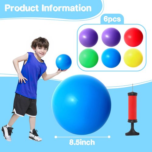 AMOR PRESENT 6PCS Inflatable Playground Ball, 8.5 Inches Bouncing Kick Ball for Kids, Giant Rubber Dodgeballs with Hand Air Pump, for Indoor Outdoor Games, Pool Toys, Party Favors