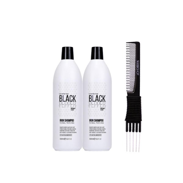 kuss Inebrya Black Pepper Iron Shampoo (33.8 oz) with Teasing Comb Pack of 2