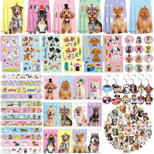 114PCS Dog Paw Party Favors Set, Puppy Party Favors for Kids, 54 Dog Stickers,12 Goodie Bags,12 Button Badges,12 Keychains,12mini Notepads,12 Slap Bracelet for Paw Print Birthday Party Supplies