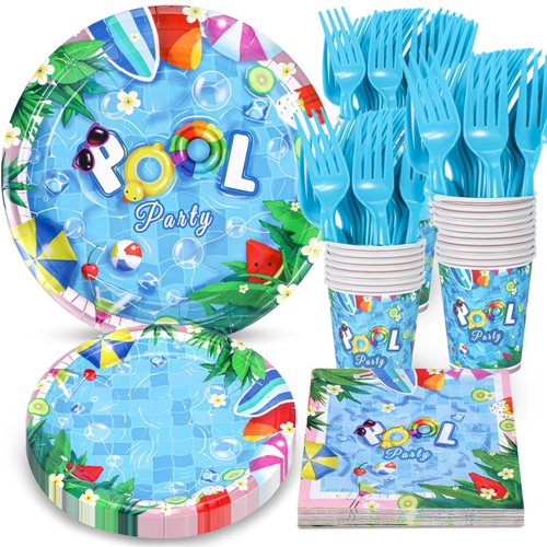 Atonofun Pool Party Supplies, Pool Plates and Napkins Set, Disposable Pool Party Plates, Cups, Napkins and Cutlery for Birthday, Baby Shower, Summer Beach, Pool Themed Party Decorations Serves 24