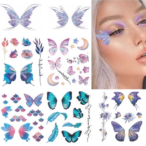 Uranian Butterfly Temporary Tattoo Stickers Glitter Face Tattoos for Women Butterflies Wings Flowers Moon Fake Body Tattoos Waterproof Sticker for Face Makeup Festival Rave Carnival (6 Sheet)