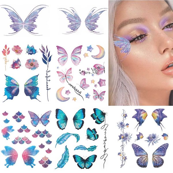 Uranian Butterfly Temporary Tattoo Stickers Glitter Face Tattoos for Women Butterflies Wings Flowers Moon Fake Body Tattoos Waterproof Sticker for Face Makeup Festival Rave Carnival (6 Sheet)