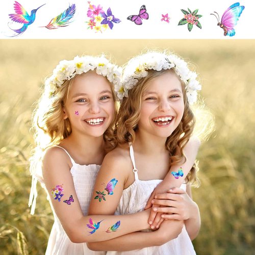 PAGOW 20 Sheets Glitter Butterfly Temporary Tattoos Self-adhesive Gift for Women Girl Fake Fairy Flower Waterproof Stickers for Halloween Party Favor Stuffers Fillers Face Body Arm Decoration(Style 4)