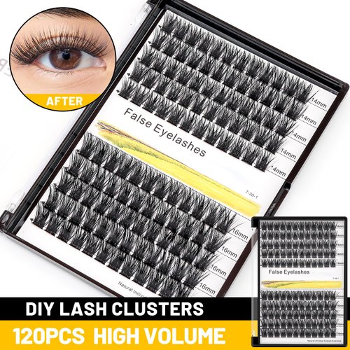 Bodermincer 120 Clusters 10mm+12mm/12mm+14mm/14mm+16mm Mixed Wide Cluster False Eyelash Individual Cluster EyeLashes Grafting Fake False Eyelashes Eyelash Extension (Black 14mm+16mm Mixed)