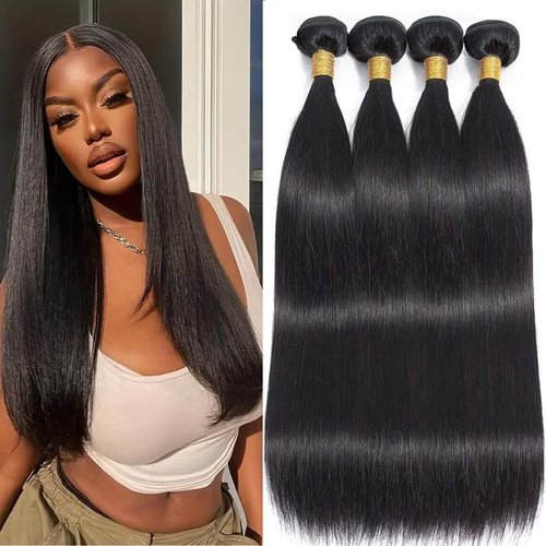 Straight Bundles Human Hair Bundles 14 14 16 16 Inch Human Hair Bundles 10A Grade 100% Unprocessed Virgin Straight Brazilian Hair Bundles 4 Bundles Human Hair Extensions for Black Women Natural Color