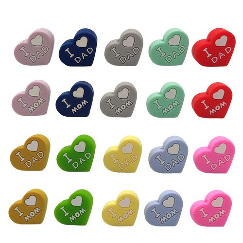 10pcs Silicone Heart Pearl Beads I Love Mom and Dad Silicone Heart Bead Baby Silicone Beads DIY Mom Necklace Pendant (Mix Color 10pcs)