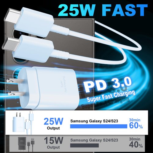 S24 S23 Super Fast Type C Charger Fast Charging 10FT USB C Cord with 25W Android Phone Charger Block for Galaxy S24/S24+/S24 Ultra/S23/S23 Ultra/S23+/S22/S21/S20/Note 20/10, Blue