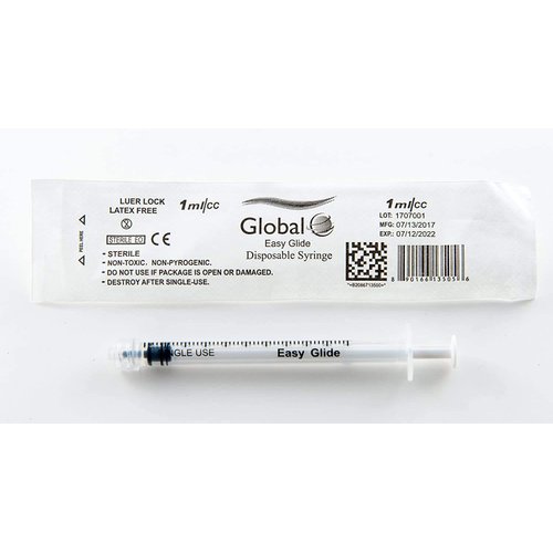 1ml Easy Glide Sterile Syringe Only with Luer Lock Tip, 25 Sterile Syringes, No Needle