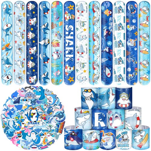 Lcnjscgo 74 PCS Shark Party Favors 24 Shark Slap Bracelets, 50 Shark Stickers Shark Birthday Part...