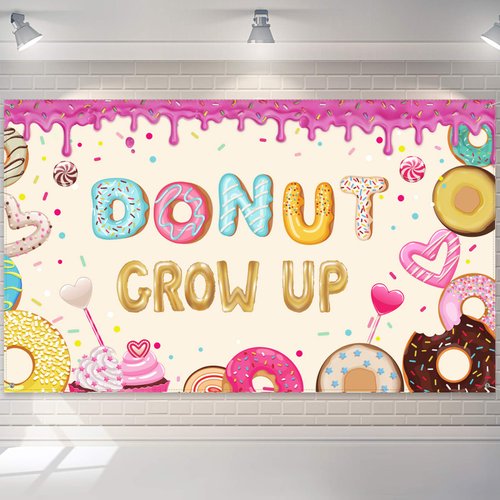 Donut Grow up Birthday Backdrop Sweet Donuts Photography Background Donut Party Decorations for N...