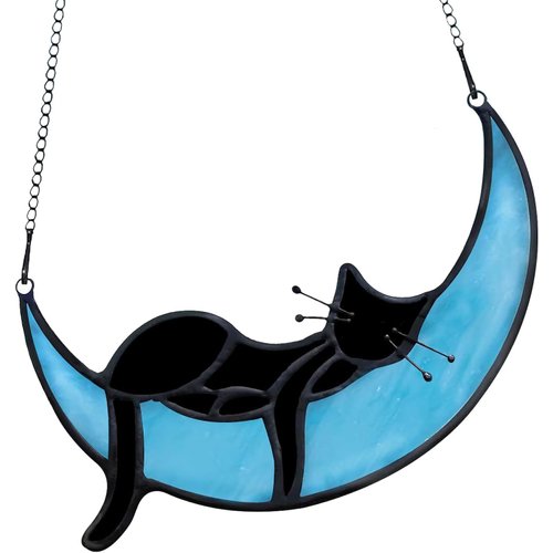 JIABEI Stained Glass Cat on Moon Gifts, Sleeping Cat Suncatchers Decoration,Handcrafted Black Cat Stained Glass Window Hangings, Cat Gifts for Cat Lovers