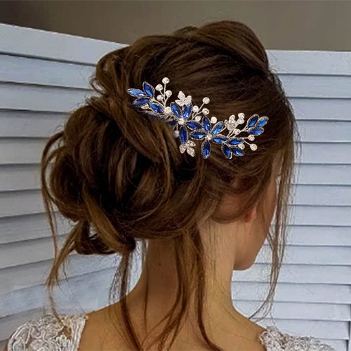 Casdre Crystal Bride Wedding Hair Comb Silver Leaf Bridal Hair Accessories Rhinestone Party Prom Hair Piece for Women and Girls (B Blue)