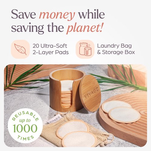 VIVAGO Reusable Cotton Rounds for Face - (20 Pack) Soft Reusable Makeup Remover Pads with Washable Drawstring Laundry Bag & Bamboo Holder - All Skin Type Skincare Set Facial Cleaning Cloth