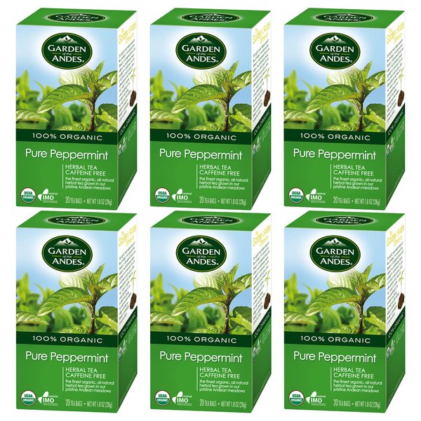 Garden of the Andes Herbal Organic Decaf Peppermint Hot Tea Bags, 0.9 oz, 20 Tea Bag Count (Pack of 6 Boxes)