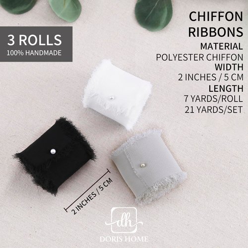 DORIS HOME 3 Rolls 2"x7Yd Fringe Chiffon Ribbon for Flower Bouquet, Handmade White & Black Ribbon for Gift Wrapping, Frayed Edge Ribbon for Crafts, Decorating, Bouquet Wrap, Wedding Invitation